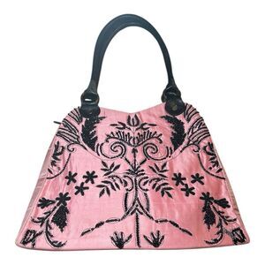 Vintage Pink and Black Embroidered shoulder Women's Bag black handle. 90,s/y2k